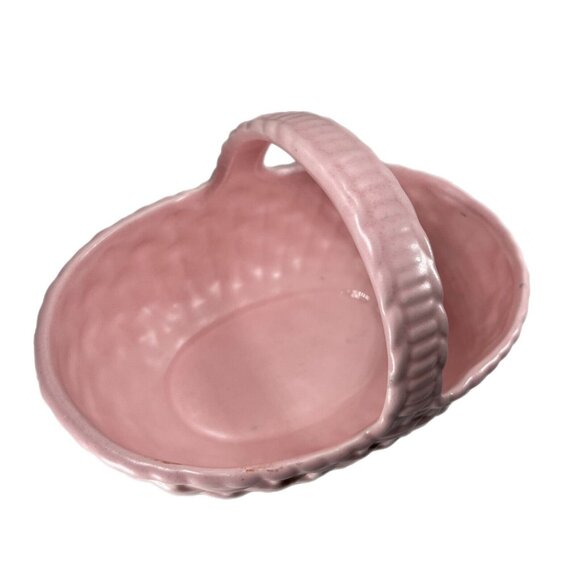 Vintage Royal Haeger USA Pink Pottery Woven Handled Basket Planter Serving Decor - Picture 3 of 7